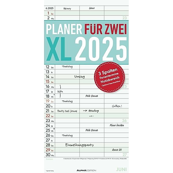 Alpha Edition - Planer für 2 XL 2025 Familienplaner, 22x45cm, Familienkalender mit 3 Spalten, viel Platz für Notizen, gedruckt auf Offset-Papier, deutsches Kalendarium und Ferientermine DE/AT/CH