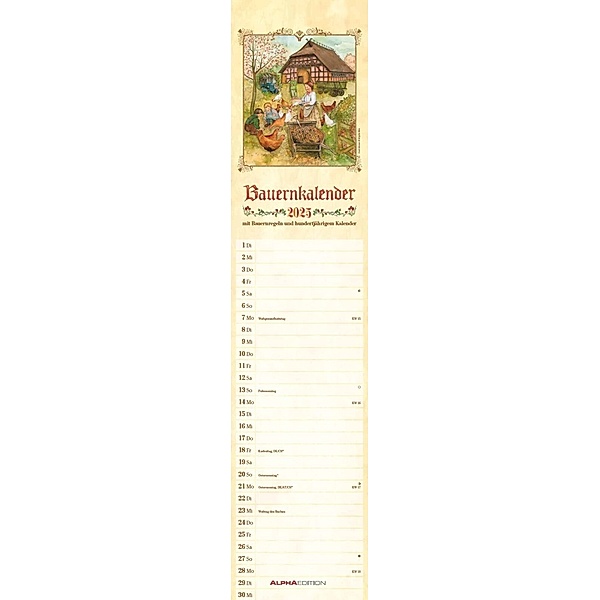 Alpha Edition - Streifenplaner Bauernkalender 2025, 11,3x49,5cm, Kalender mit einer Spalte für Termine, Jahresübersichten, 100-jähriger Kalender, Ferientermine DE/AT/CH und deutsches Kalendarium