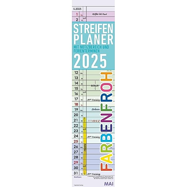 Alpha Edition - Streifenplaner Farbenfroh 2025, 11,3x49,5cm, Streifenkalender mit einer Spalte für Termine, Jahresübersichten, 100-jähriger Kalender, Ferientermine DE/AT/CH und deutsches Kalendarium