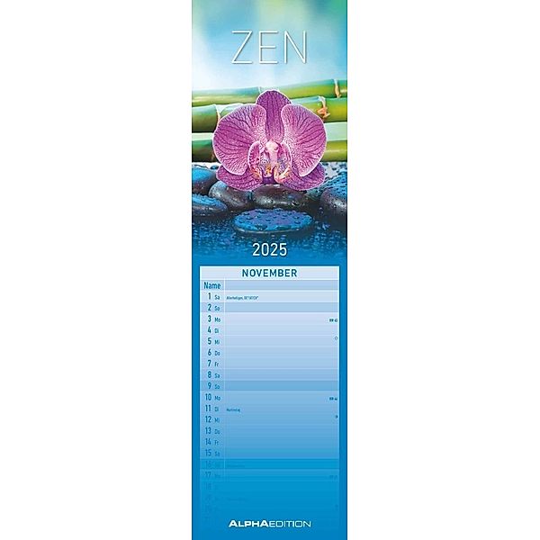 Alpha Edition - Streifenplaner Mini Zen 2025 Streifenkalender, 9,5x33cm, Küchenkalender mit einer großen Spalte für Termine, viel Platz für Notizmöglichkeiten, Mondphasen und deutschem Kalendarium