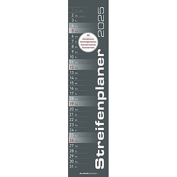 Alpha Edition - Streifenplaner SCHWARZ 2025, 11,3x49,5cm, Streifenkalender mit einer Spalte für Termine, 100-jähriger Kalender, Mondphasen, schmales Design und deutsches Kalendarium