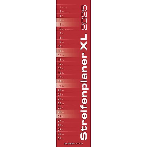 Alpha Edition - Streifenplaner XL ROT 2025 Streifenkalender, 15x64cm, Küchenkalender mit einer Spalte für Termine, Mondphasen, schmales Design   und deutsches Kalendarium
