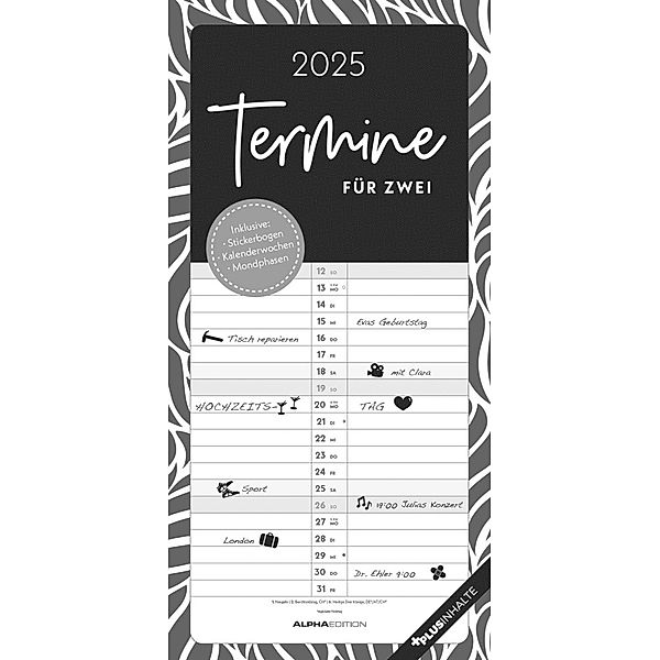 Alpha Edition - Termine für 2 Black & White 2025 Familienplaner, 22x45cm, Kalender mit 2 Spalten für Termine, Stickerbogen, 100-jährigem Kalender, Ferientermine DE/AT/CH und deutsches Kalendarium