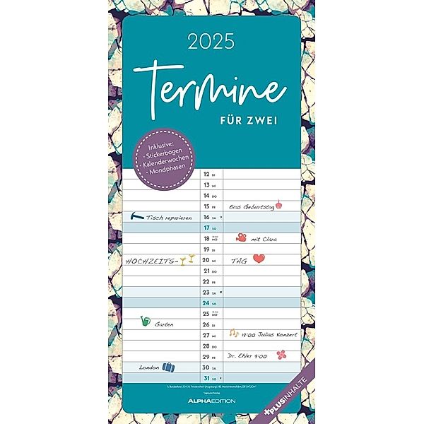 Alpha Edition - Termine für 2 Colour 2025 Familienplaner, 22x45cm, Familienkalender mit 2 Spalten für Termine, Stickerbogen, 100-jährigem Kalender, Ferientermine DE/AT/CH und deutsches Kalendarium