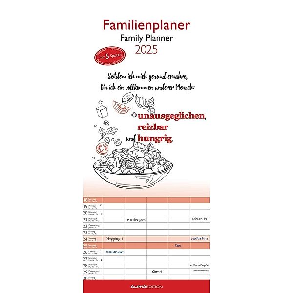 Alpha Edition - Typo Art 2025 Familienplaner, 19,5x45cm, Familienkalender mit 5 Spalten für Termine, Mondphasen, Kalenderwochen, Ferientermine DE/AT/CH, deutsches Kalendarium