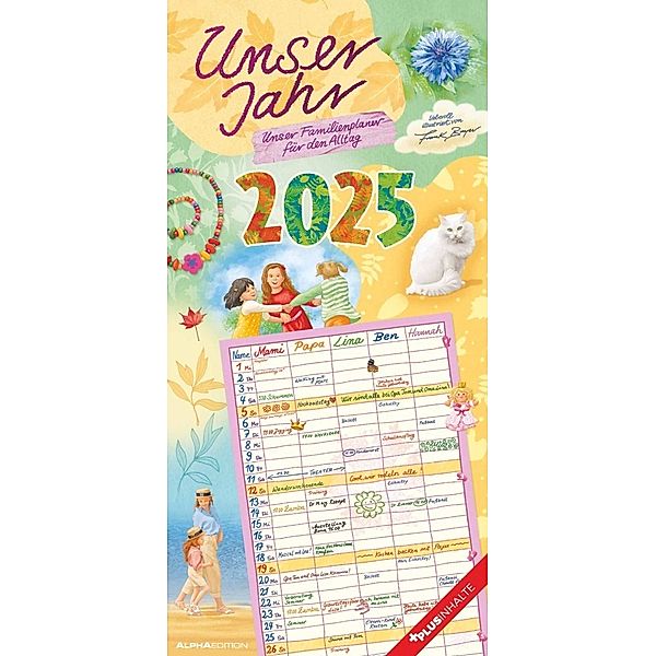 Alpha Edition - Unser Jahr 2025 Familienplaner, 15x42cm, Kalender mit 5 Spalten für Termine, Illustrationen von Frank Bayer, Stundenpläne, Ferienterminen DE/AT/CH und deutsches Kalendarium