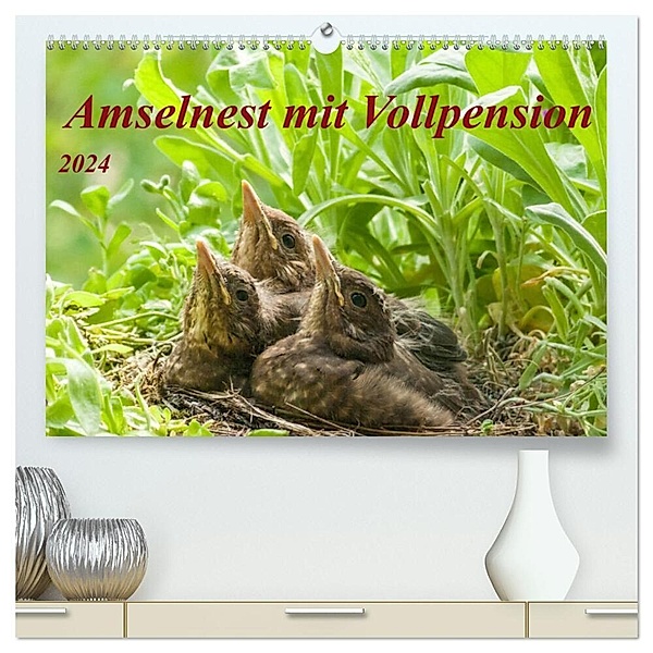 Amselnest mit Vollpension (hochwertiger Premium Wandkalender 2024 DIN A2 quer), Kunstdruck in Hochglanz, Kerstin Waurick