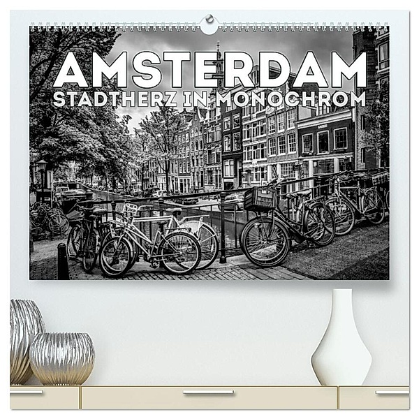 AMSTERDAM Stadtherz in Monochrom (hochwertiger Premium Wandkalender 2024 DIN A2 quer), Kunstdruck in Hochglanz, Melanie Viola