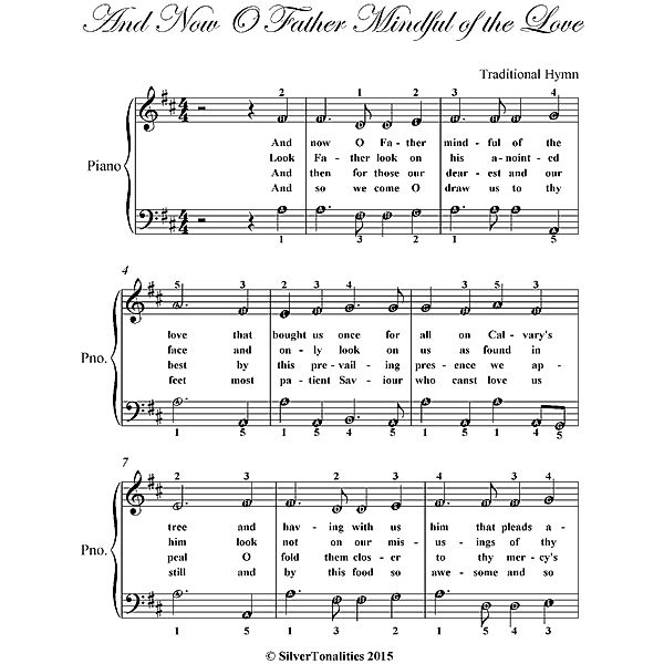 And Now O Father Mindful of the Love Easy Piano Sheet Music, Traditional Hymn