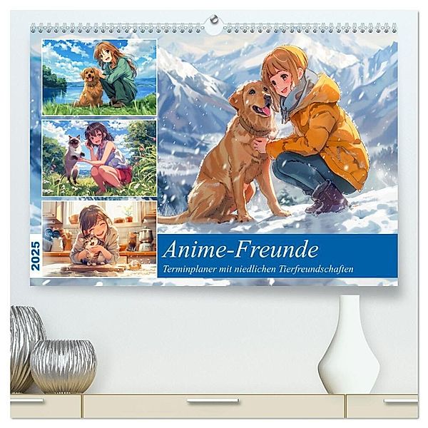 Anime-Freunde - Terminplaner mit niedlichen Tierfreundschaften (hochwertiger Premium Wandkalender 2025 DIN A2 quer), Kunstdruck in Hochglanz, Calvendo, Anja Frost