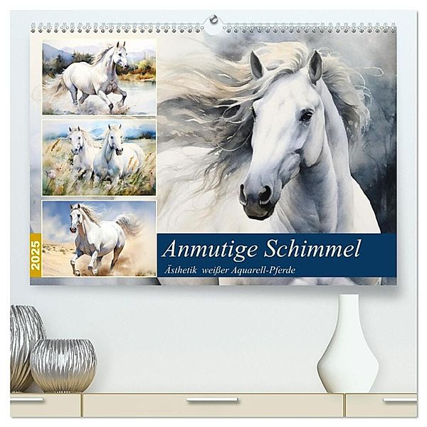 Anmutige Schimmel. Ästhetik weißer Aquarell-Pferde (hochwertiger Premium Wandkalender 2025 DIN A2 quer), Kunstdruck in Hochglanz, Calvendo, Rose Hurley