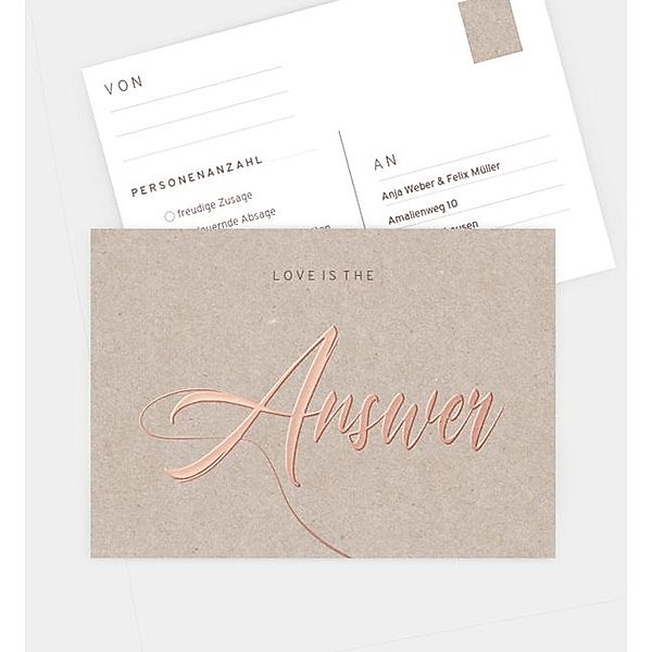 Antwortkarte Rosegold Font, Postkarte quer (148 x 105mm)