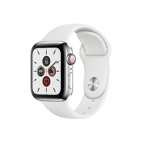 APPLE Watch Series 5 GPS + Cellular 40mm Stainless Steel Case with White Sport Band - S/M & M/L