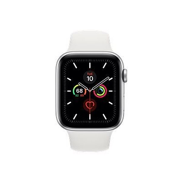 APPLE Watch Series 5 GPS + Cellular 44mm Silver Aluminium Case with White Sport Band - S/M & M/L