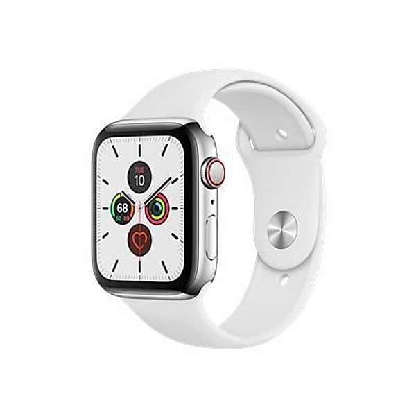 APPLE Watch Series 5 GPS + Cellular 44mm Stainless Steel Case with White Sport Band - S/M & M/L