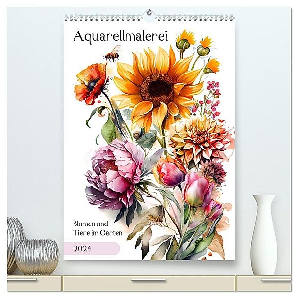 Aquarellmalerei - Blumen und Tiere im Garten (hochwertiger Premium Wandkalender 2024 DIN A2 hoch), Kunstdruck in Hochglanz, Anja Frost