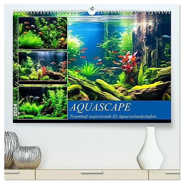 Aquascape. Traumhaft inspirierende KI-Aquarienlandschaften (hochwertiger Premium Wandkalender 2024 DIN A2 quer), Kunstdruck in Hochglanz, Rose Hurley