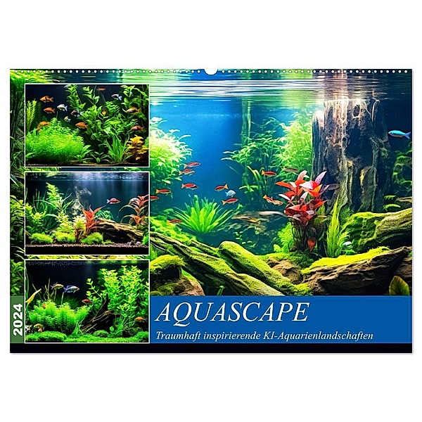 Aquascape. Traumhaft inspirierende KI-Aquarienlandschaften (Wandkalender 2024 DIN A2 quer), CALVENDO Monatskalender, Rose Hurley