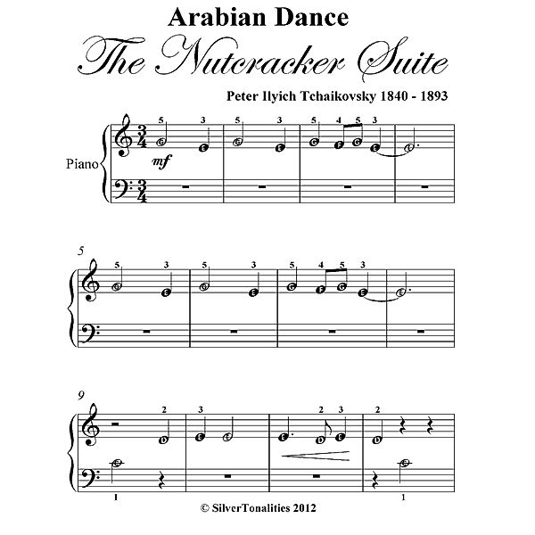 Arabian Dance Nutcracker Suite Beginner Piano Sheet Music, Peter Ilyich Tchaikovsky