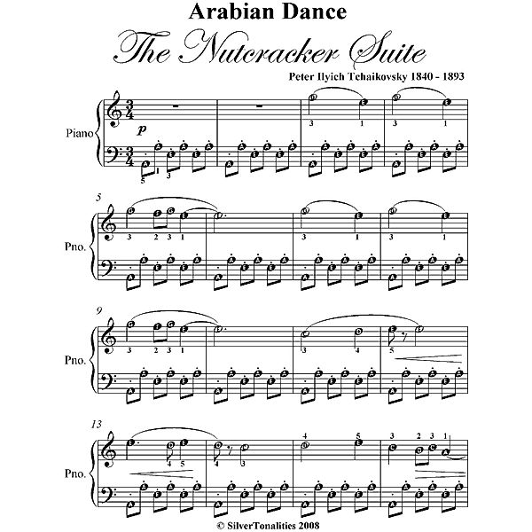 Arabian Dance Nutcracker Suite Easy Piano Sheet Music, Peter Ilyich Tchaikovsky