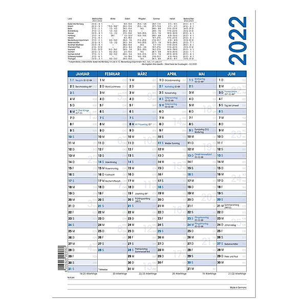 Arbeitstagekalender 2022 - A4 (21x 129,7 cm) - 6 Monate auf 1 Seite - Hochformat - Plakatkalender - Jahresplaner - 906-0000