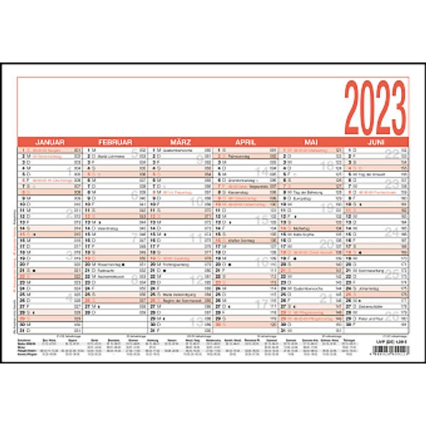 Arbeitstagekalender 2023 - A4 (29,7 x 21 cm) - 6 Monate auf 1 Seite - Tafelkalender - Plakatkalender - Jahresplaner - 90