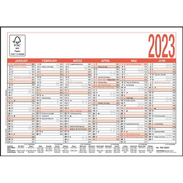 Arbeitstagekalender 2023 - A6 (14,8 x 10,5 cm) - 6 Monate auf 1 Seite - Tafelkalender - Plakatkalender - Jahresplaner -