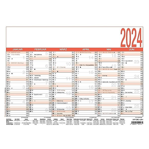 Arbeitstagekalender 2024 - A4 (29,7 x 21 cm) - 6 Monate auf 1 Seite - Tafelkalender - Plakatkalender - Jahresplaner - 907-0000