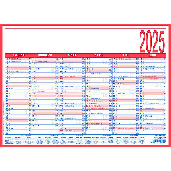 Arbeitstagekalender 2025 - A4 (29 x 21 cm) - 6 Monate auf 1 Seite -  Tafelkalender - auf Pappe kaschiert - Jahresplaner - 908-1315