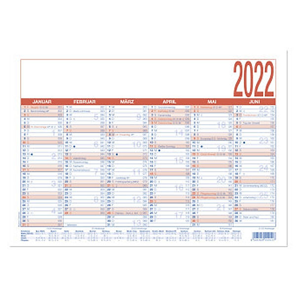 Arbeitstagekalender blau-rot 2022 - A4 (29,7 x 21 cm) - 6 Monate auf 1 Seite - Tafelkalender - Plakatkalender - Jahrespl