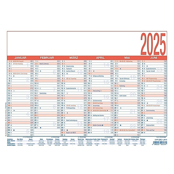 Arbeitstagekalender blau/rot 2025 - A4 (29,7 x 21 cm) - 6 Monate auf 1 Seite - Tafelkalender - Plakatkalender - Jahresplaner - 910-0015