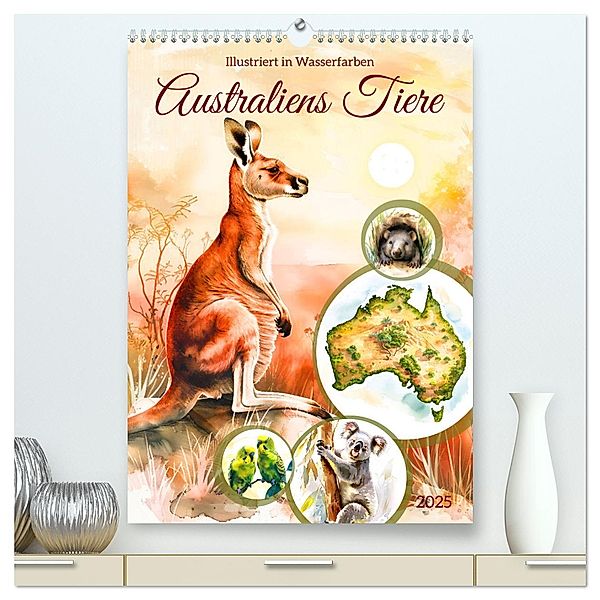 Australiens Tiere - Illustriert in Wasserfarben (hochwertiger Premium Wandkalender 2025 DIN A2 hoch), Kunstdruck in Hochglanz, Calvendo, Anja Frost