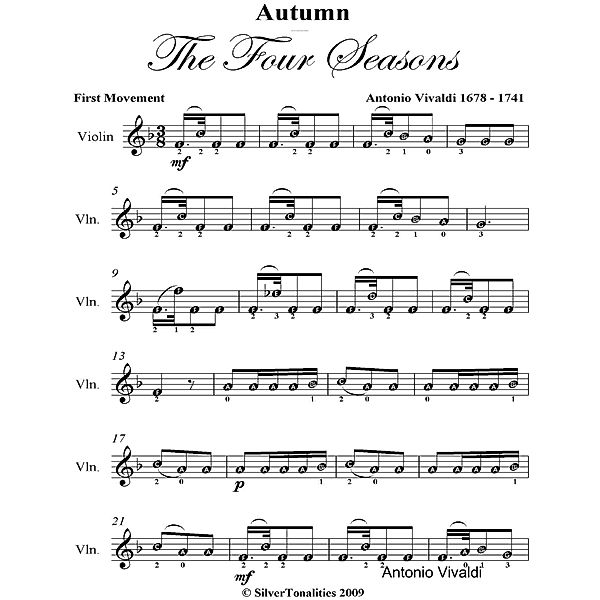 Autumn the Four Seasons Easy Violin Sheet Music, Antonio Vivaldi