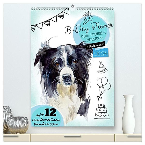 B-DAY PLANER - Aquarell Hunderassen - Für Termine, Geschenke, Eventdetails & mehr (hochwertiger Premium Wandkalender 2024 DIN A2 hoch), Kunstdruck in Hochglanz, MD-Publishing