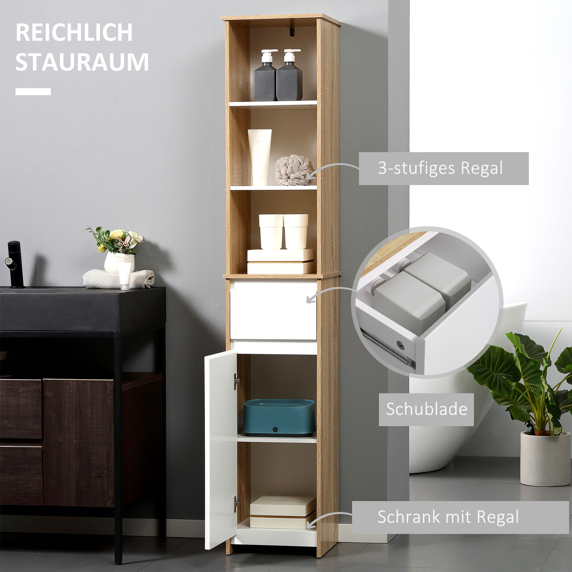 Badschrank Für Badezimmer, Wohn- oder Schlafzimmer, mit viel Stauraum