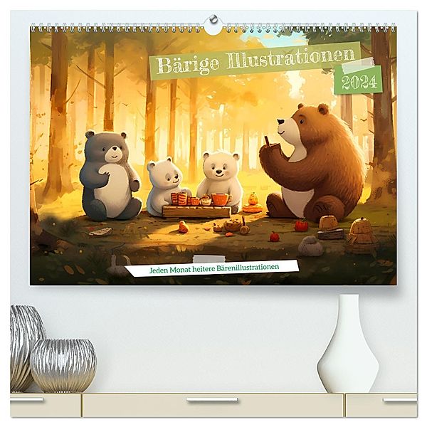 Bärige Illustrationen (hochwertiger Premium Wandkalender 2024 DIN A2 quer), Kunstdruck in Hochglanz, Calvendo, Heidi Spiegler