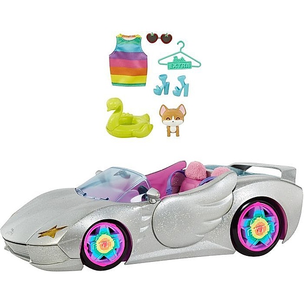 Mattel Barbie Extra Auto Cabrio (glitzert) mit Regenbogen Reifen, Zubehör