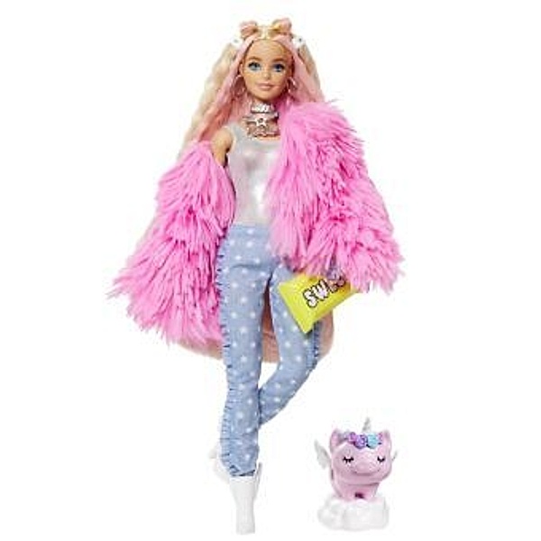 Barbie Extra Puppe (blond) mit flauschiger rosa Jacke