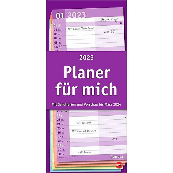 Basic Planer für mich 2023. Praktischer Wandplaner mit 2 Spalten. Wandkalender mit Schulferien und 3-Monats-Ausblick. Te