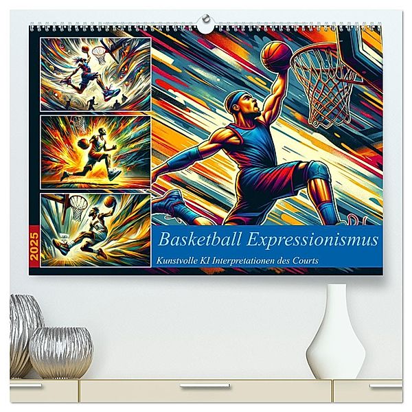 Basketball Expressionismus - Kunstvolle KI Interpretationen des Courts (hochwertiger Premium Wandkalender 2025 DIN A2 quer), Kunstdruck in Hochglanz, Calvendo, Marco Warstat