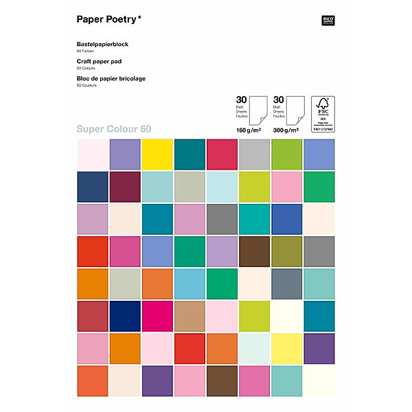 RICO DESIGN Bastelpapierblock SUPER COLOURS 60 Blatt