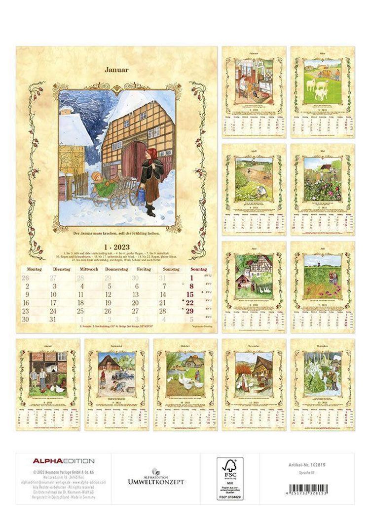 Bauernkalender 2023 - Bildkalender 23,7x34 cm - mit Wetterprognosen,  Bauernregeln und liebevollen Illustrationen - Wandk - Kalender bestellen