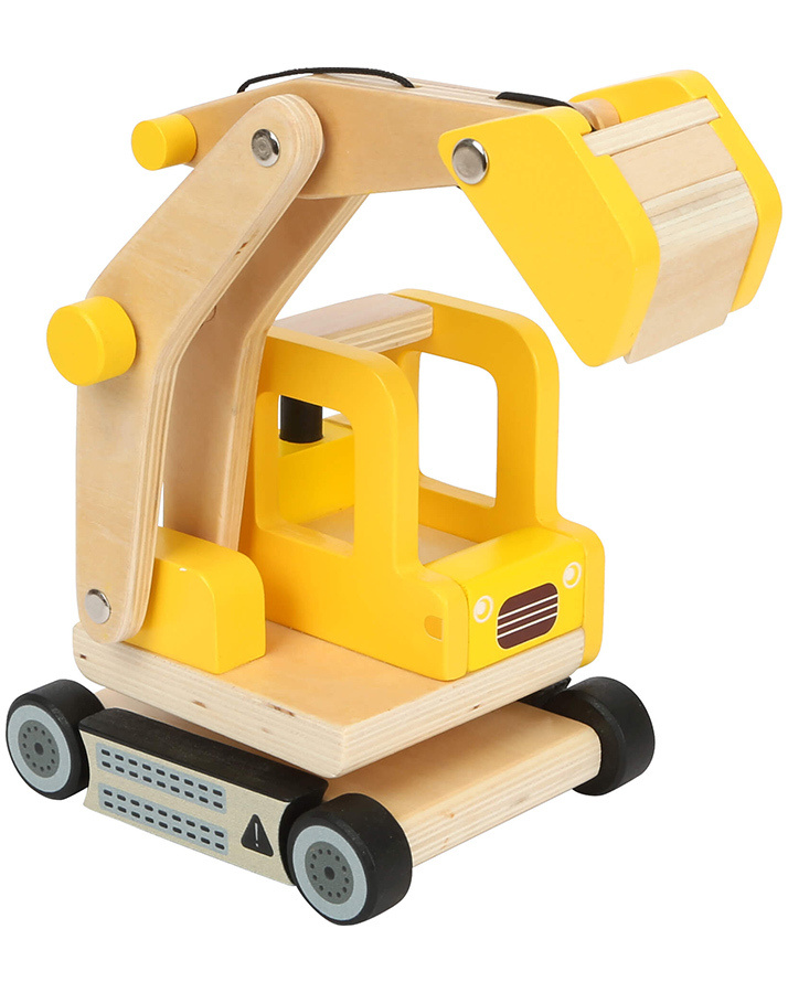 Goki Bagger Holz Baufahrzeug in Gelb für Kinder ab 3 Jahren mit Baggerschaufel 