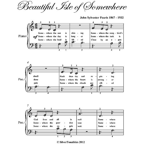 Beautiful Isle of Somewhere Beginner Piano Sheet Music, John Sylvester Fearis