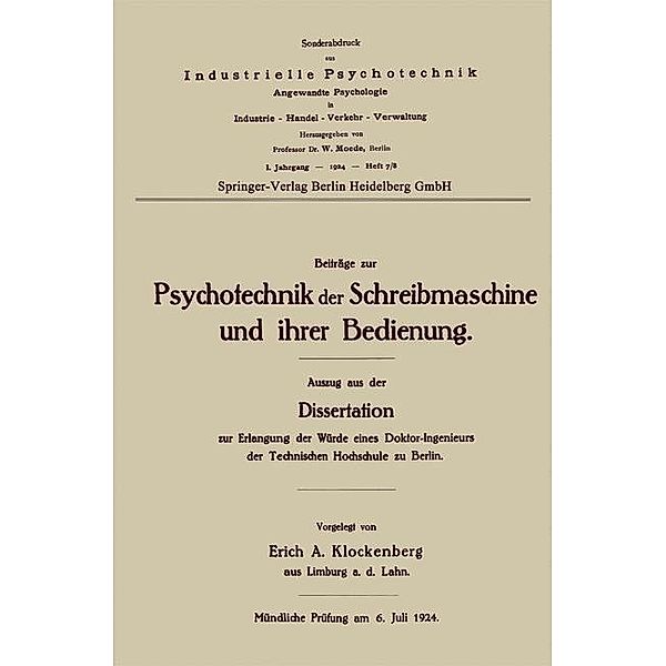 Beiträge zur Psychotechnik der Schreibmaschine und ihrer Bedienung, Erich Alexander Klockenberg