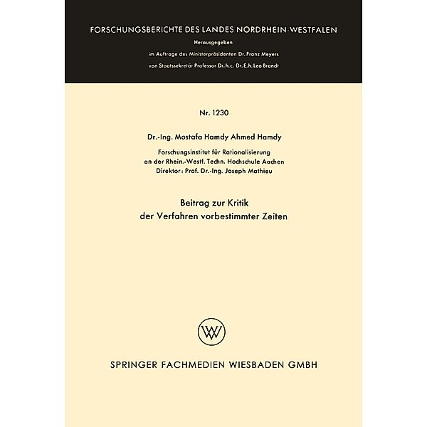 Beitrag zur Kritik der Verfahren vorbestimmter Zeiten, Mostafa Hamdy Ahmed Hamdy