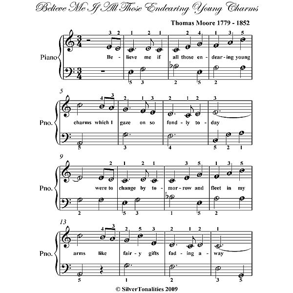 Believe Me If All Those Endearing Young Charms Easy Piano Sheet Music, Thomas Moore