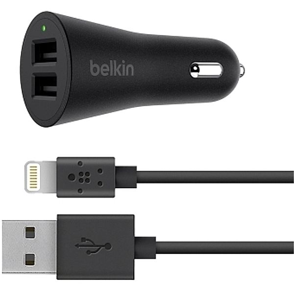 BELKIN Dual Metallic Kfz-Ladegerät, 4.8A, 24W, incl. 1.2m Lightning Kabel, schwarz