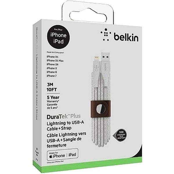BELKIN Duratek Plus Lightning auf USB A Kabel, 3m, weiß