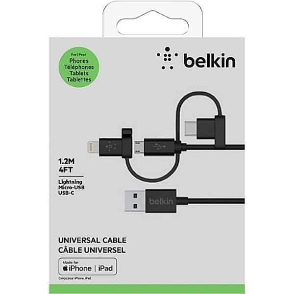 BELKIN MixIT Universal Kabel (Lightning, Micro-USB, USB-C), 1.2m, schwarz
